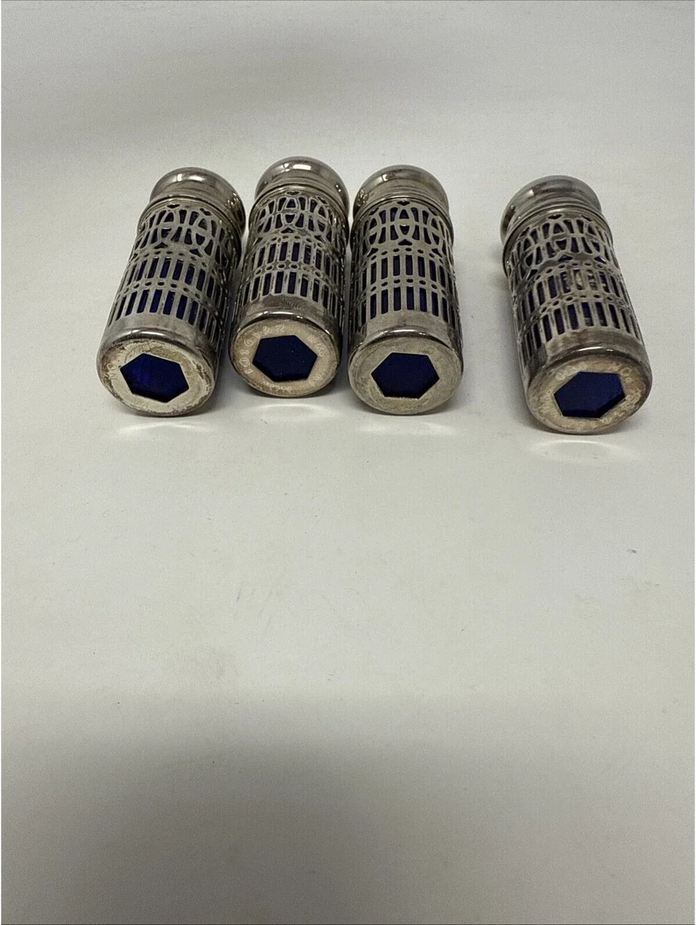 VINTAGE GODINGERS SILVER PLATE COBALT BLUE SALT & PEPPER SHAKERS 2.75